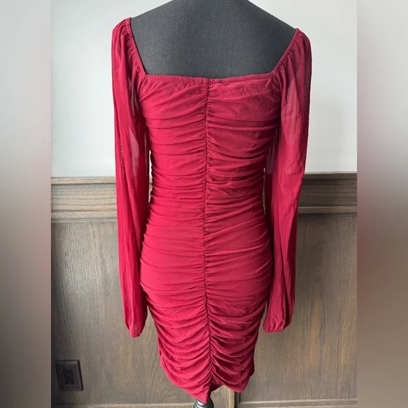Elegan Darkt Red Long Sleeve Ruched Bodycon Dress Medium NWT - Picture 3 of 7